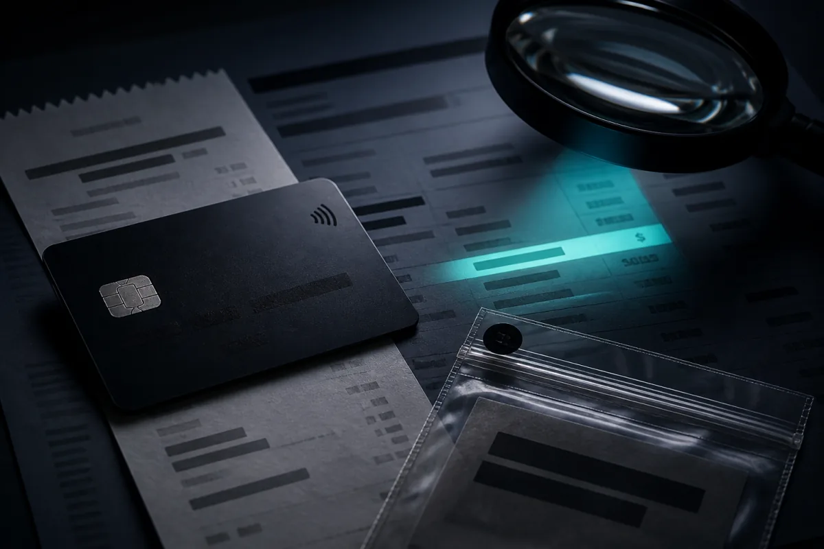 Payment card and disputed statements arranged for chargeback evidence review