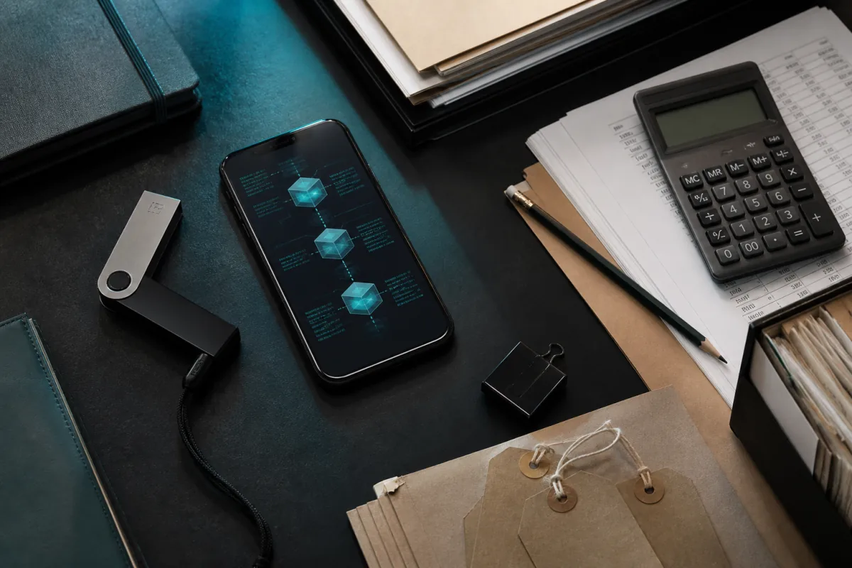 Cryptocurrency transaction records organized with tax documents and a hardware wallet