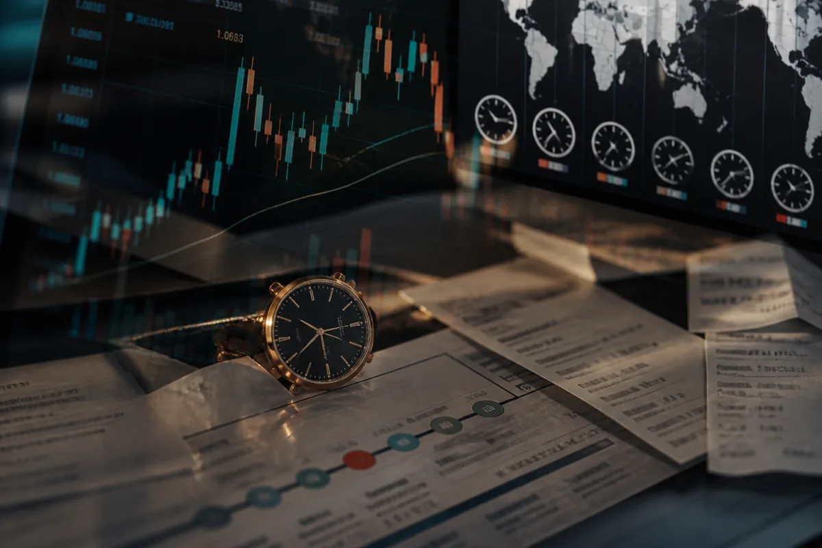 Foreign exchange charts layered over transaction records and world-time evidence