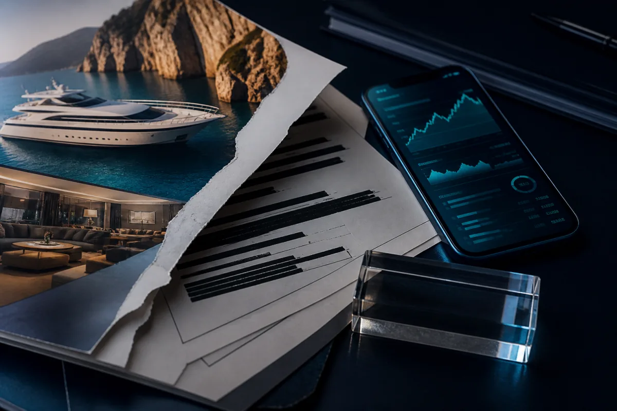 Investment promotion materials opened to reveal transaction evidence beneath