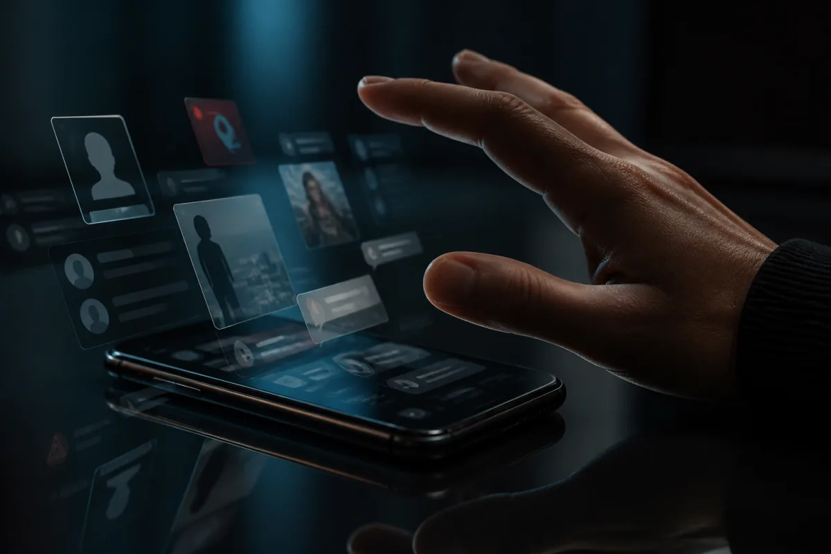 Suspicious social profiles and messages being reviewed on a mobile device